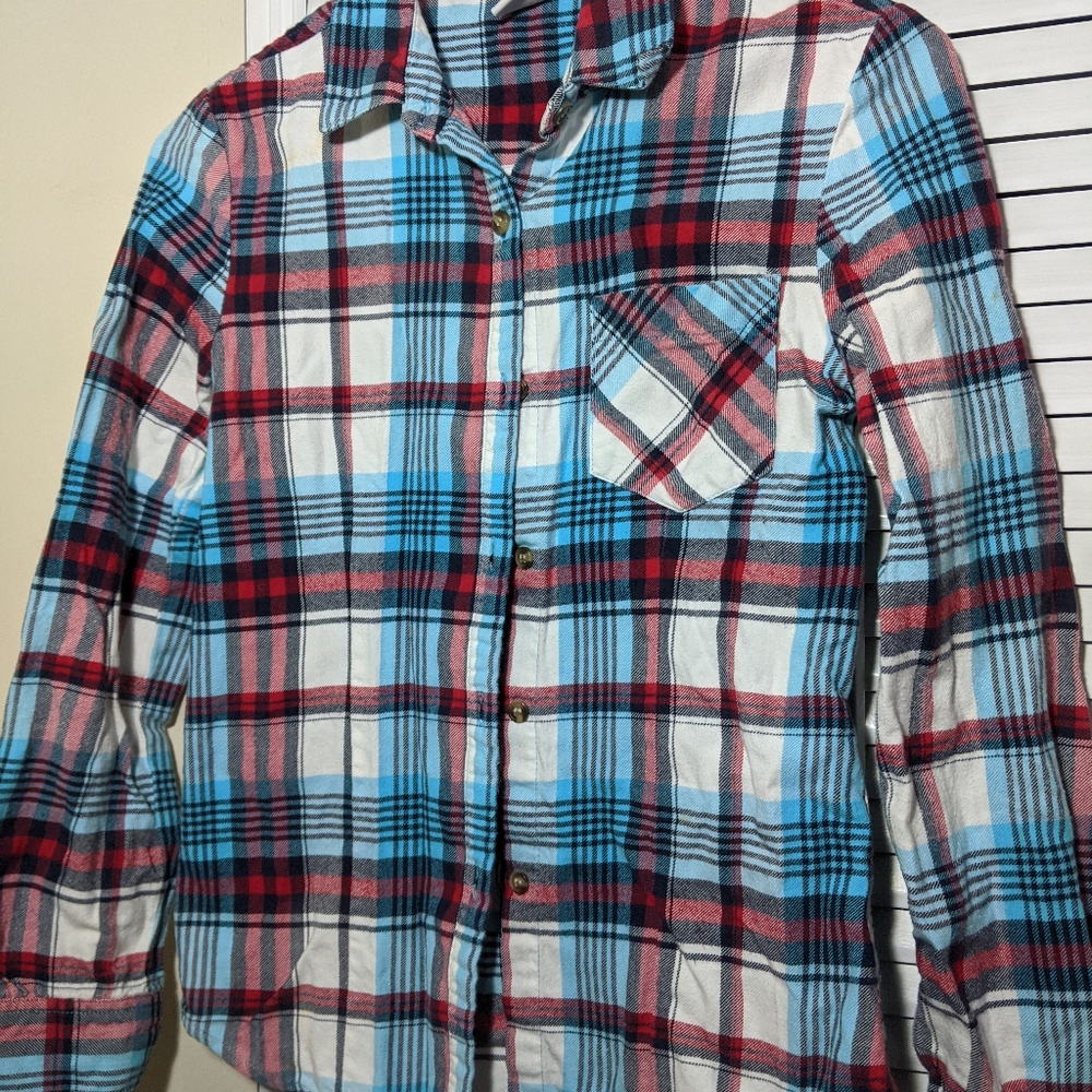 Blue White Red Plaid Long Sleeve Flannel Shirt